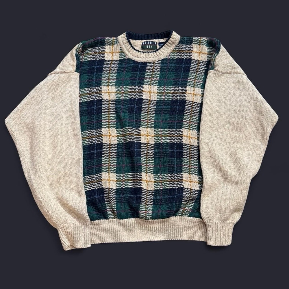 Vintage Trader Bay Plaid Knit Pullover Sweater Size XL Preppy Casual Fall Grunge